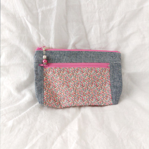 Devon Pouch -Pink Pepper with Indigo Linen